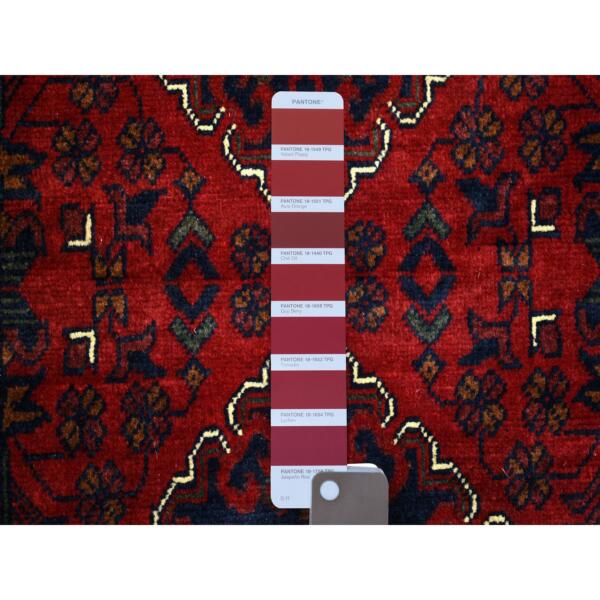 2'9"x12'10" Deep and Saturated Red, Afghan Khamyab with Large Tribal Medallions Design, Soft and Shiny Wool Hand Knotted, Runner Oriental Rug  - 71812 - Image 4