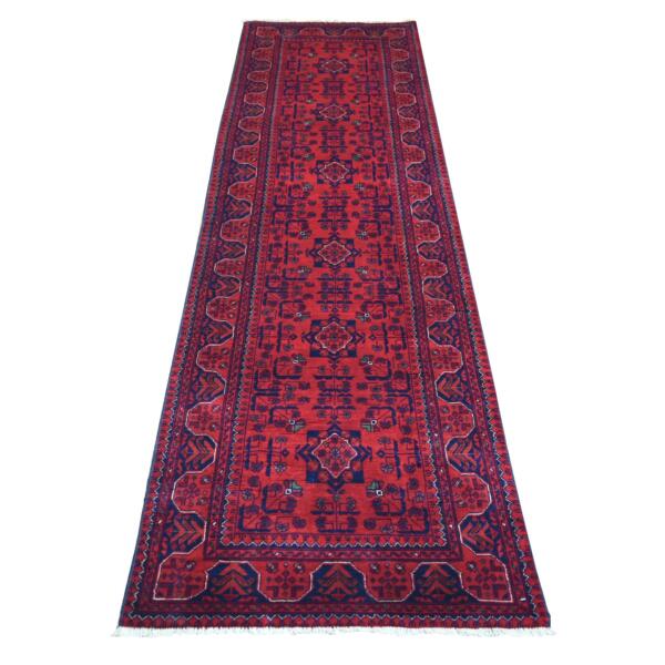 2'7"x9'5" Deep and Saturated Red with Mix of Navy Blue, Soft and Shiny Wool Hand Knotted, Afghan Khamyab with Geometric Design, Runner Oriental Rug  - 71824