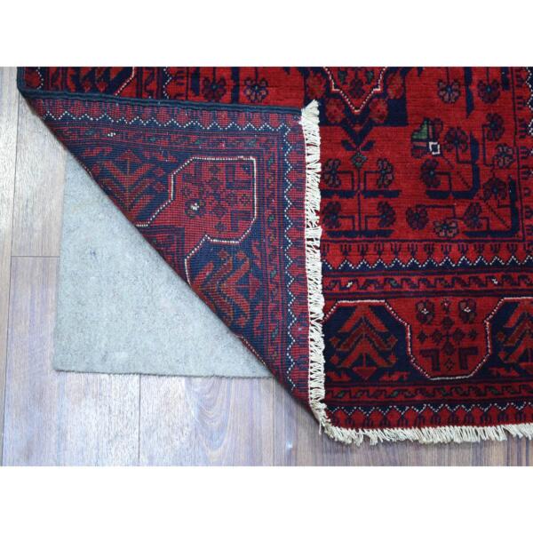 2'7"x9'5" Deep and Saturated Red with Mix of Navy Blue, Soft and Shiny Wool Hand Knotted, Afghan Khamyab with Geometric Design, Runner Oriental Rug  - 71824 - Image 3