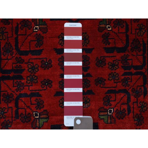 2'7"x9'5" Deep and Saturated Red with Mix of Navy Blue, Soft and Shiny Wool Hand Knotted, Afghan Khamyab with Geometric Design, Runner Oriental Rug  - 71824 - Image 4