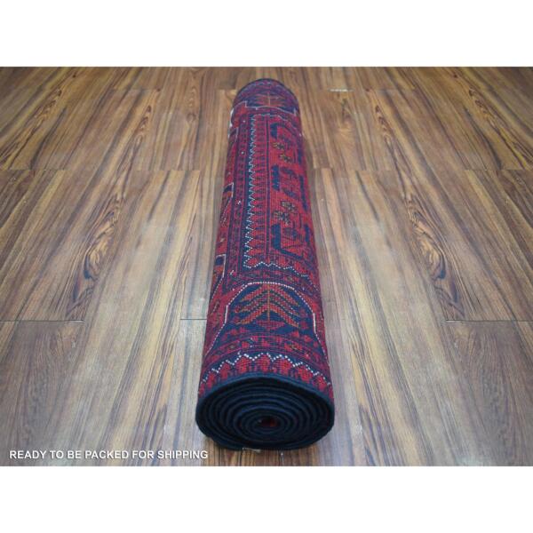 2'7"x9'5" Deep and Saturated Red with Mix of Navy Blue, Soft and Shiny Wool Hand Knotted, Afghan Khamyab with Geometric Design, Runner Oriental Rug  - 71824 - Image 5