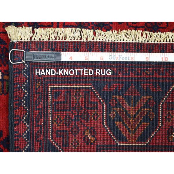 2'7"x9'5" Deep and Saturated Red with Mix of Navy Blue, Soft and Shiny Wool Hand Knotted, Afghan Khamyab with Geometric Design, Runner Oriental Rug  - 71824 - Image 7