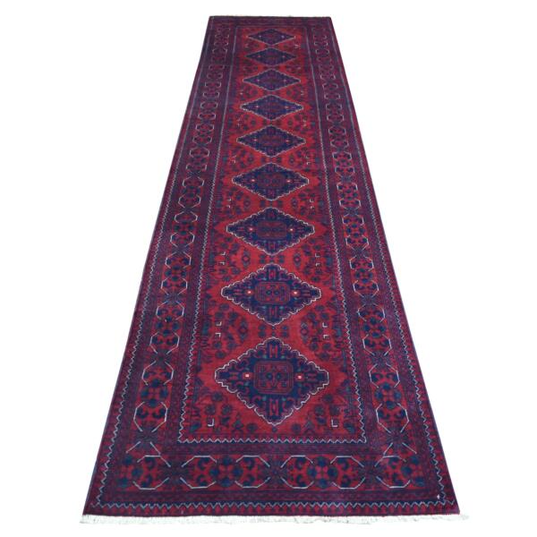 3'x12'8" Deep and Saturated Red with Mix of Navy Blue, Afghan Khamyab with Large Geometric Medallions Design, Velvety Wool Hand Knotted, Runner Oriental Rug  - 71825