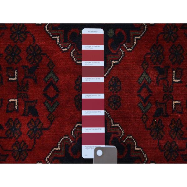 3'x12'8" Deep and Saturated Red with Mix of Navy Blue, Afghan Khamyab with Large Geometric Medallions Design, Velvety Wool Hand Knotted, Runner Oriental Rug  - 71825 - Image 4