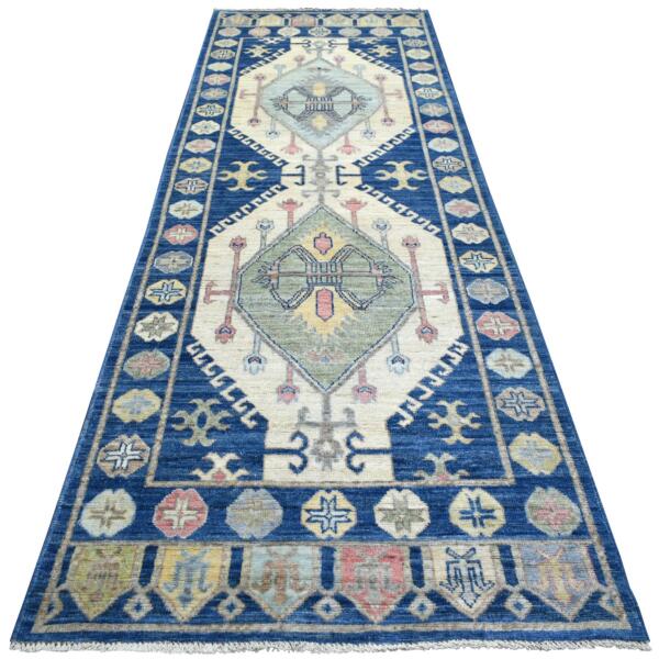 4'1"x12'1" Denim Blue, Anatolian Village Inspired with Large Elements Natural Dyes, Soft and Supple Wool Hand Knotted, Wide Runner Oriental Rug  - 71870