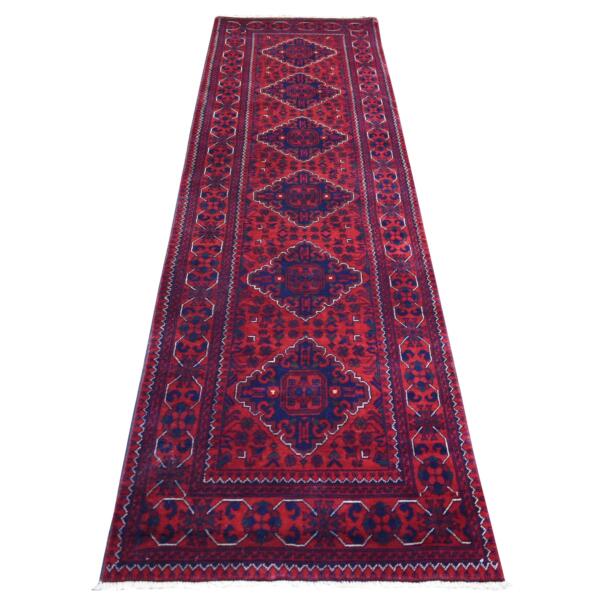 2'8"x9'7" Deep and Saturated Red With Geometric Design Hand Knotted Afghan Khamyab, Velvety Wool Runner Oriental Rug  - 72008