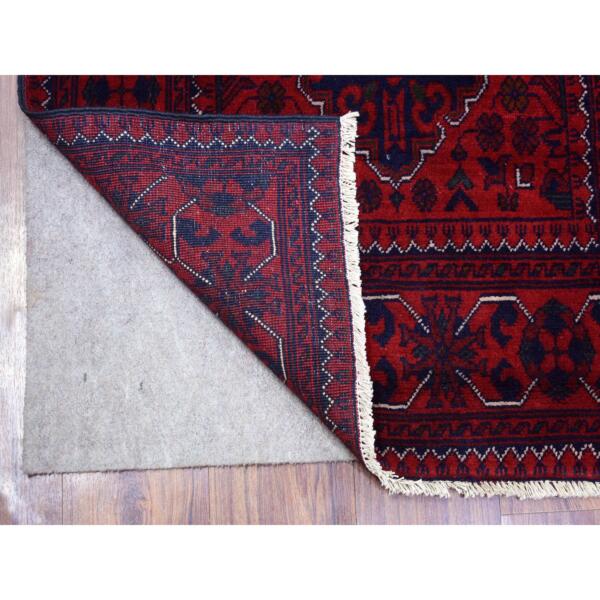 2'8"x9'7" Deep and Saturated Red With Geometric Design Hand Knotted Afghan Khamyab, Velvety Wool Runner Oriental Rug  - 72008 - Image 3