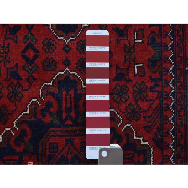 2'8"x9'7" Deep and Saturated Red With Geometric Design Hand Knotted Afghan Khamyab, Velvety Wool Runner Oriental Rug  - 72008 - Image 4