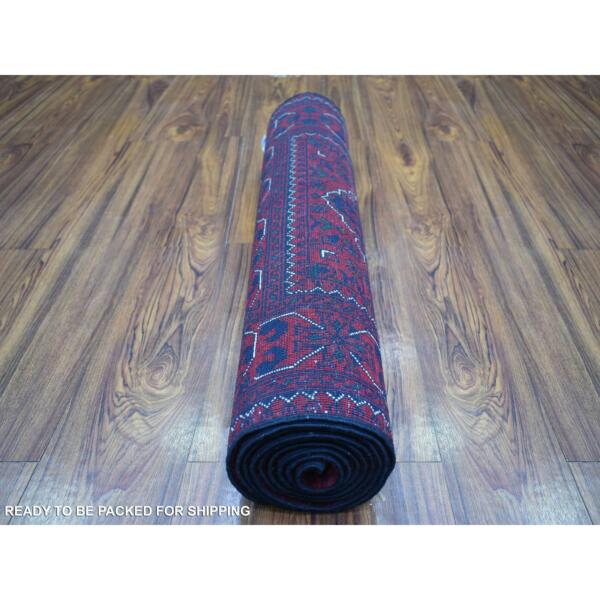 2'8"x9'7" Deep and Saturated Red With Geometric Design Hand Knotted Afghan Khamyab, Velvety Wool Runner Oriental Rug  - 72008 - Image 5