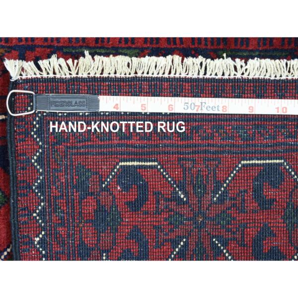 2'8"x9'7" Deep and Saturated Red With Geometric Design Hand Knotted Afghan Khamyab, Velvety Wool Runner Oriental Rug  - 72008 - Image 7