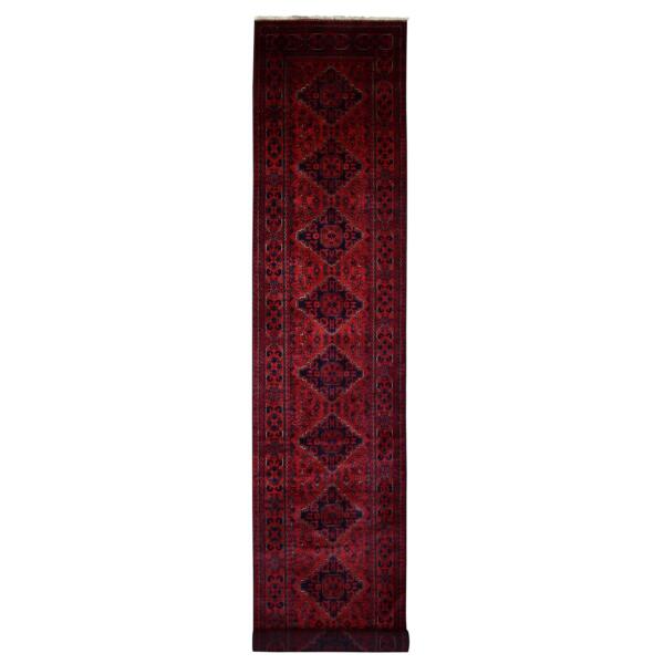 2'9"x16' Deep and Saturated Red Hand Knotted with Tribal Design, Soft and Shiny Wool Afghan Khamyab Runner Oriental Rug  - 72016