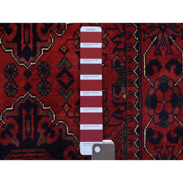 2'9"x16' Deep and Saturated Red Hand Knotted with Tribal Design, Soft and Shiny Wool Afghan Khamyab Runner Oriental Rug  - 72016 - Image 4