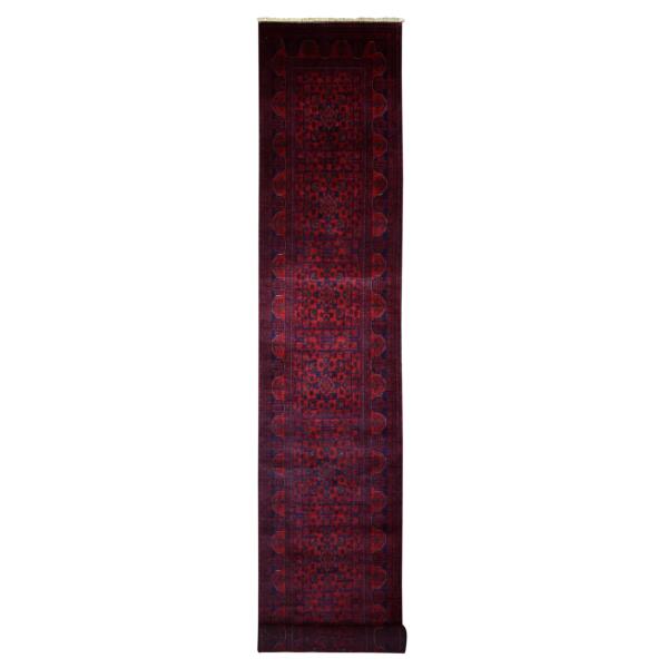 2'8"x16'5" Deep and Saturated Red Afghan Khamyab, Velvety Wool with Tribal Design Hand Knotted Runner Oriental Rug  - 72018