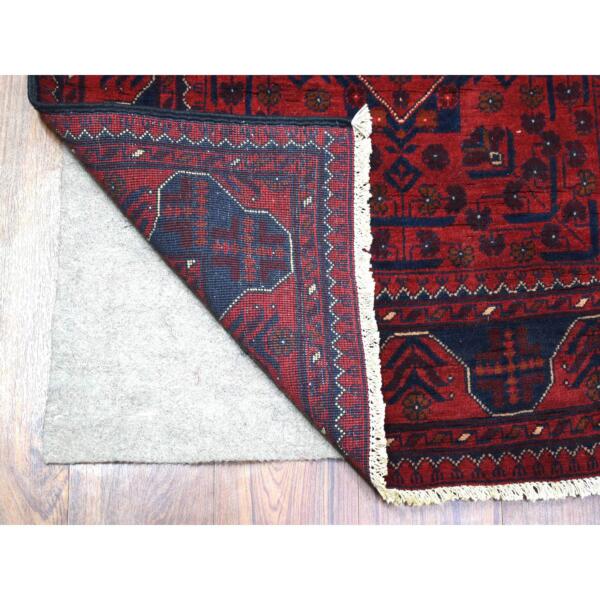 2'8"x12'10" Deep and Saturated Red Tribal Design Velvety Wool, Afghan Khamyab Hand Knotted Runner Oriental Rug  - 72029 - Image 3