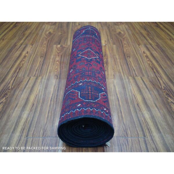 2'8"x12'10" Deep and Saturated Red Tribal Design Velvety Wool, Afghan Khamyab Hand Knotted Runner Oriental Rug  - 72029 - Image 5