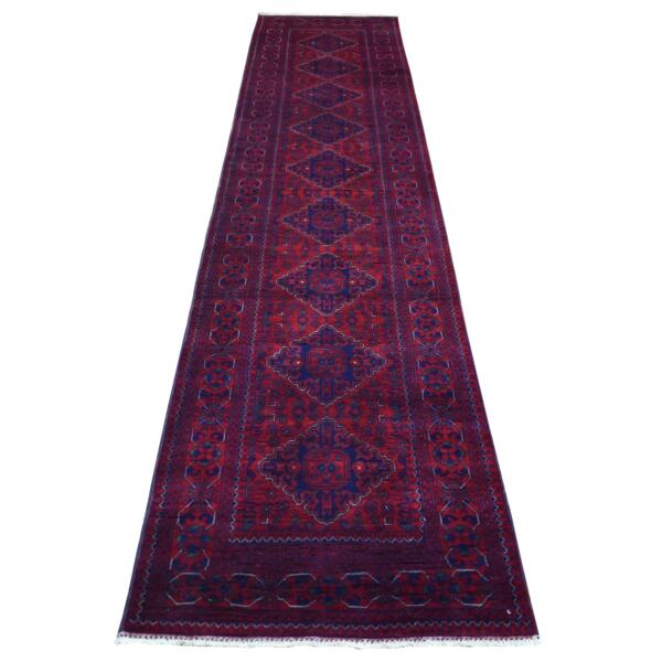 2'9"x13''2" Deep and Saturated Red with Geometric Design Hand Knotted Afghan Khamyab, Velvety Wool Runner Oriental Rug  - 72031