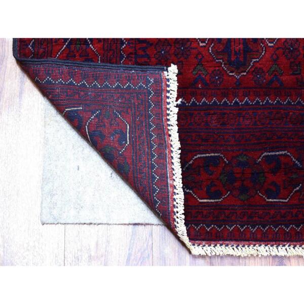 2'9"x13''2" Deep and Saturated Red with Geometric Design Hand Knotted Afghan Khamyab, Velvety Wool Runner Oriental Rug  - 72031 - Image 3