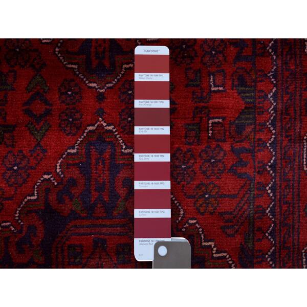 2'9"x13''2" Deep and Saturated Red with Geometric Design Hand Knotted Afghan Khamyab, Velvety Wool Runner Oriental Rug  - 72031 - Image 4