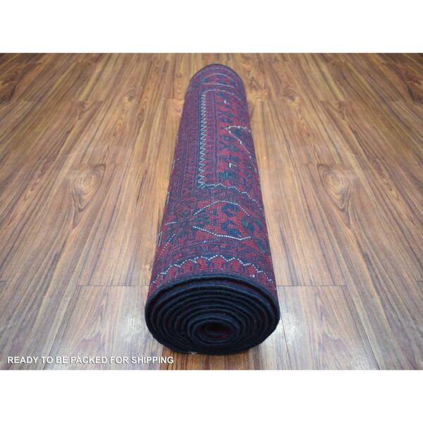 2'9"x13''2" Deep and Saturated Red with Geometric Design Hand Knotted Afghan Khamyab, Velvety Wool Runner Oriental Rug  - 72031 - Image 5