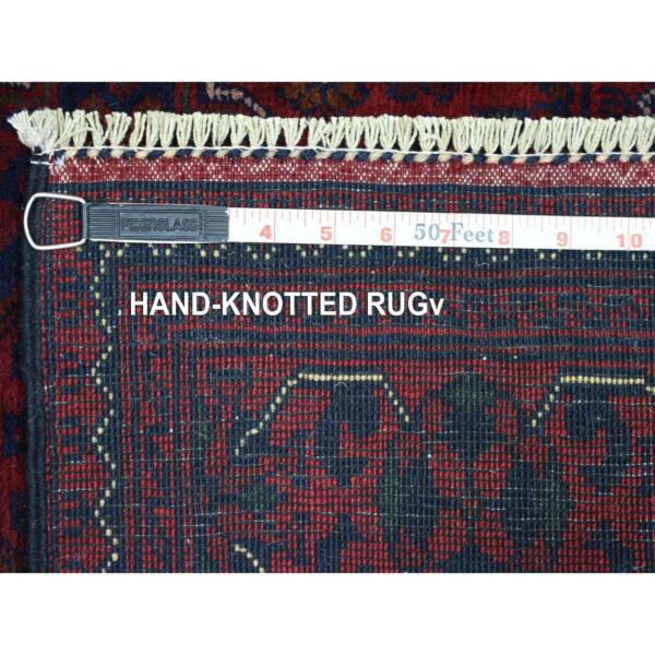 2'9"x13''2" Deep and Saturated Red with Geometric Design Hand Knotted Afghan Khamyab, Velvety Wool Runner Oriental Rug  - 72031 - Image 7