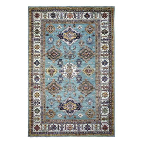 6'7"x10' Aquamarine Caucasian Super Kazak with Geometric Design, Hand Knotted, 100% Wool, Densely Woven, Natural Dyes Oriental Rug  - 72190