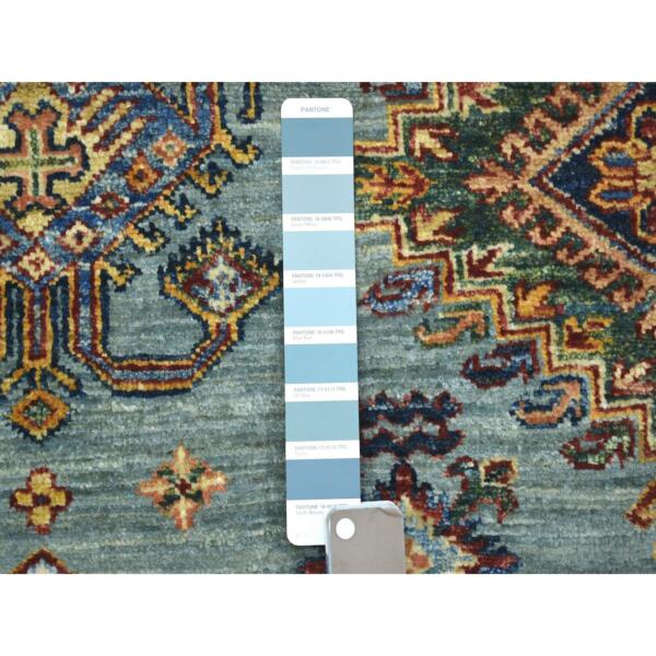 6'7"x10' Aquamarine Caucasian Super Kazak with Geometric Design, Hand Knotted, 100% Wool, Densely Woven, Natural Dyes Oriental Rug  - 72190 - Image 4