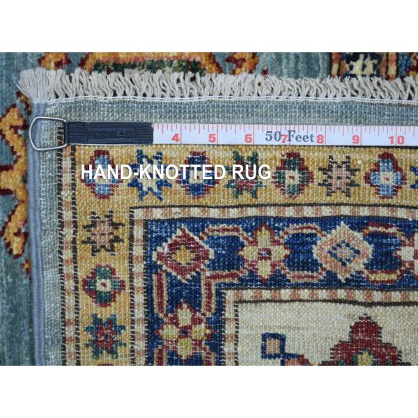 6'7"x10' Aquamarine Caucasian Super Kazak with Geometric Design, Hand Knotted, 100% Wool, Densely Woven, Natural Dyes Oriental Rug  - 72190 - Image 7