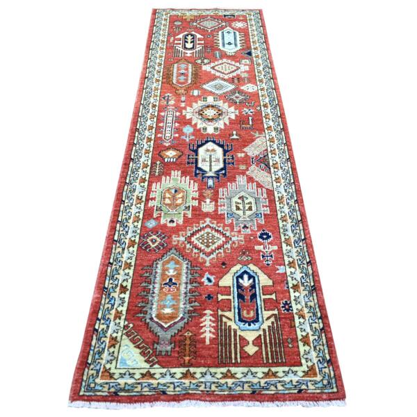 2'8"x9'8" Rich Red, Natural Dyes Soft Wool Hand Knotted, Afghan Ersari with Large Elements, Runner Oriental Rug  - 72259