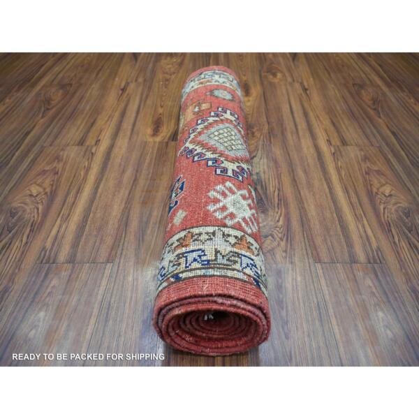 2'8"x9'8" Rich Red, Natural Dyes Soft Wool Hand Knotted, Afghan Ersari with Large Elements, Runner Oriental Rug  - 72259 - Image 5