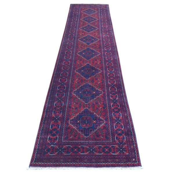 2'8"x12'10" Deep and Saturated Red, Afghan Khamyab with Tribal Medallions Design, Soft Wool Hand Knotted, Runner Oriental Rug  - 72341