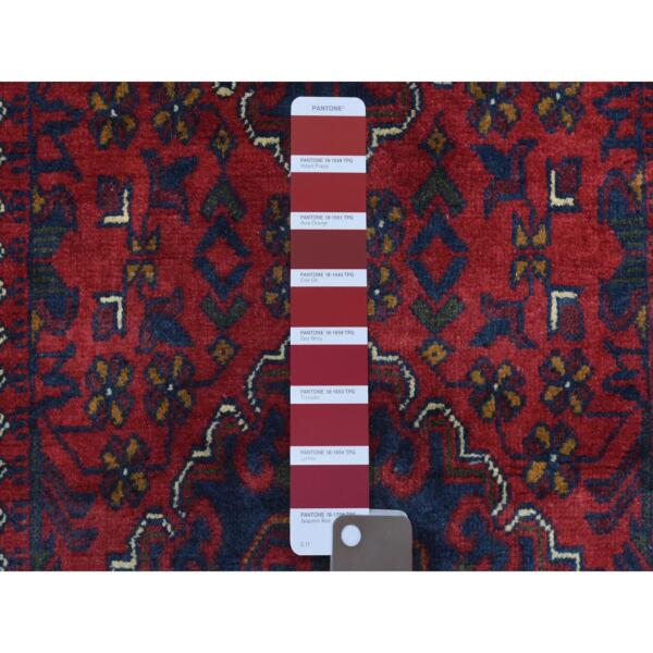 2'8"x12'10" Deep and Saturated Red, Afghan Khamyab with Tribal Medallions Design, Soft Wool Hand Knotted, Runner Oriental Rug  - 72341 - Image 4