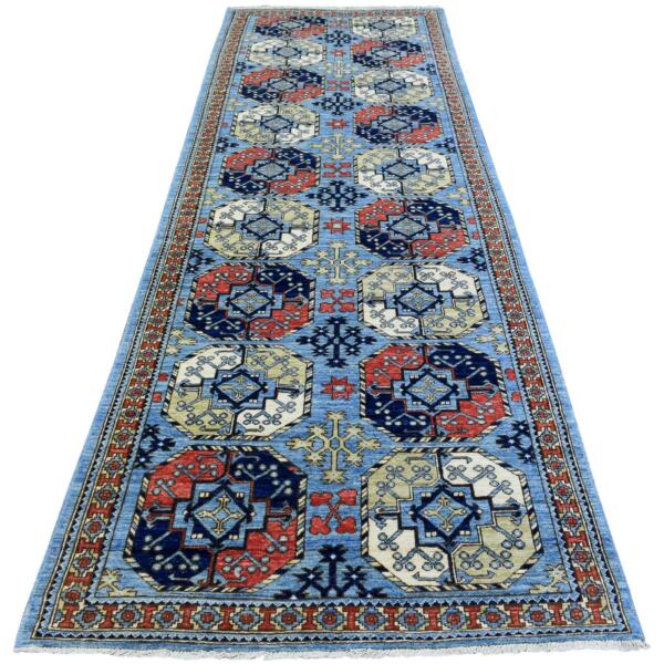 4'x12' Light Blue, Afghan Ersari with Elephant Feet Design, Natural Dyes, Soft Organic Wool Hand Knotted, Wide Runner Oriental Rug  - 72424