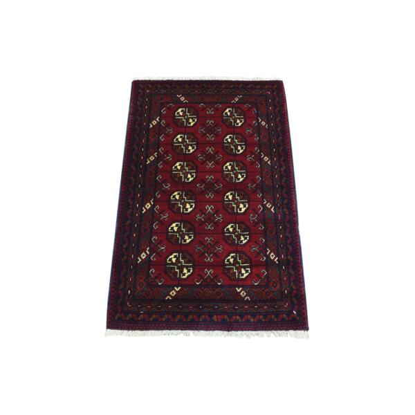 2'x3' Deep and Saturated Red, Hand Knotted Afghan Khamyab Bokara, Velvety Wool, Mat Oriental Rug  - 72482