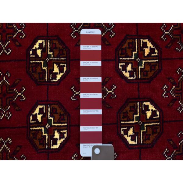 4'2"x7' Deep and Saturated Red, Tribal Design Velvety Wool, Afghan Khamyab Bokara Hand Knotted Oriental Rug  - 72492 - Image 4