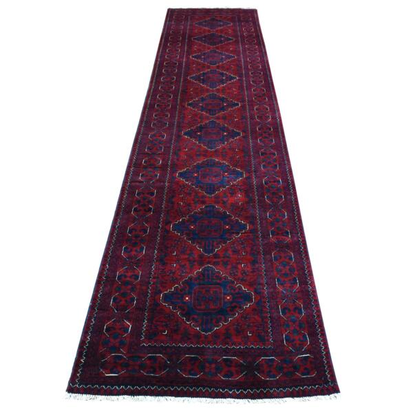 2'9"x13' Deep and Saturated Red Hand Knotted with Tribal Design, Soft and Shiny Wool, Afghan Khamyab Runner Oriental Rug  - 72497