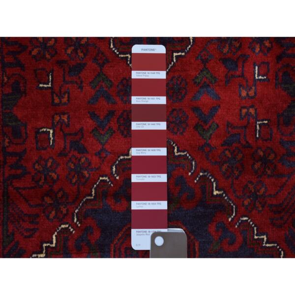 2'9"x13' Deep and Saturated Red Hand Knotted with Tribal Design, Soft and Shiny Wool, Afghan Khamyab Runner Oriental Rug  - 72497 - Image 4