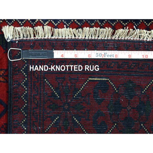 2'9"x13' Deep and Saturated Red Hand Knotted with Tribal Design, Soft and Shiny Wool, Afghan Khamyab Runner Oriental Rug  - 72497 - Image 7