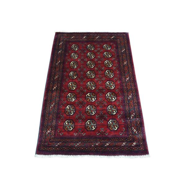 2'8"x4'1" Deep and Saturated Red with Geometric Design, Hand Knotted Afghan Khamyab Bokara, Velvety Wool Mat Oriental Rug  - 72502