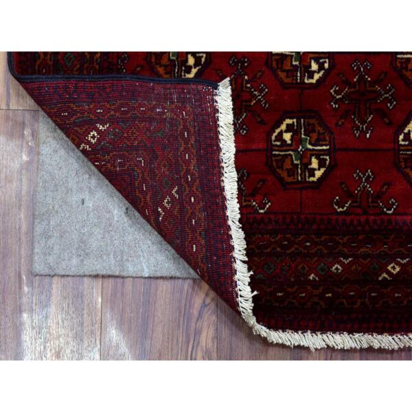 2'8"x4'1" Deep and Saturated Red with Geometric Design, Hand Knotted Afghan Khamyab Bokara, Velvety Wool Mat Oriental Rug  - 72502 - Image 3