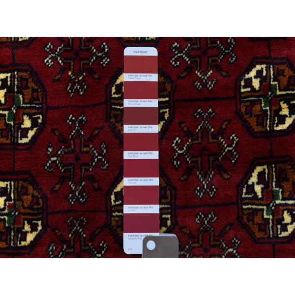 2'8"x4'1" Deep and Saturated Red with Geometric Design, Hand Knotted Afghan Khamyab Bokara, Velvety Wool Mat Oriental Rug  - 72502 - Image 4