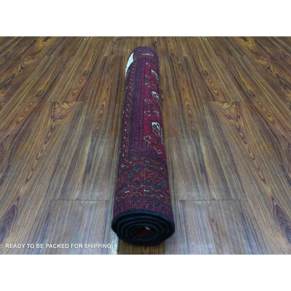 2'8"x4'1" Deep and Saturated Red with Geometric Design, Hand Knotted Afghan Khamyab Bokara, Velvety Wool Mat Oriental Rug  - 72502 - Image 5