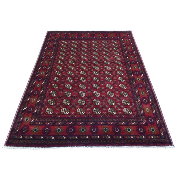 4'10"x6'9" Deep and Saturated Red With Geometric Design Hand Knotted Afghan Khamyab, Velvety Wool Oriental Rug  - 72663