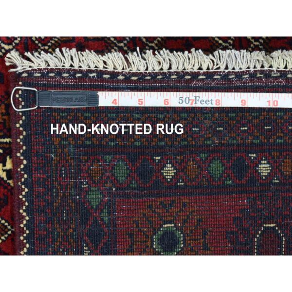 4'10"x6'9" Deep and Saturated Red With Geometric Design Hand Knotted Afghan Khamyab, Velvety Wool Oriental Rug  - 72663 - Image 7