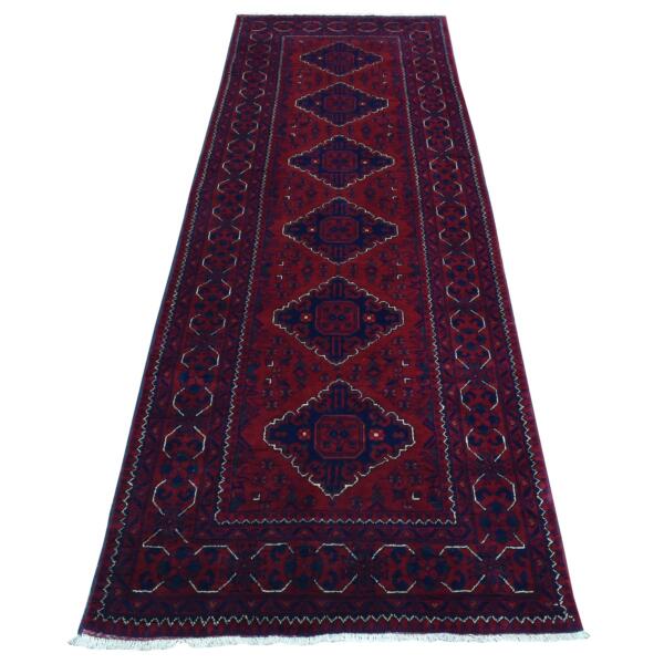 3'x9'1" Deep and Saturated Red Hand Knotted, Afghan Khamyab, Geometric Medallions Runner Oriental Rug  - 72667