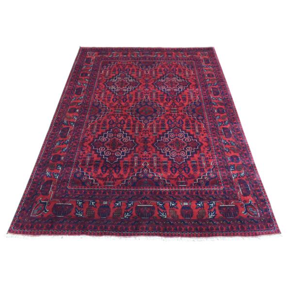 4'10"x6'7" Deep and Saturated Red Hand Knotted With Tribal Design, Soft and Shiny Wool Afghan Khamyab Oriental Rug  - 72777