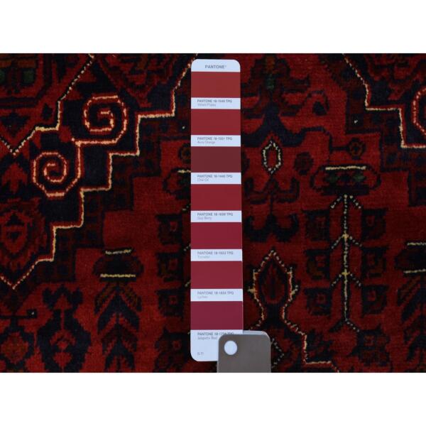 4'10"x6'7" Deep and Saturated Red Hand Knotted With Tribal Design, Soft and Shiny Wool Afghan Khamyab Oriental Rug  - 72777 - Image 4