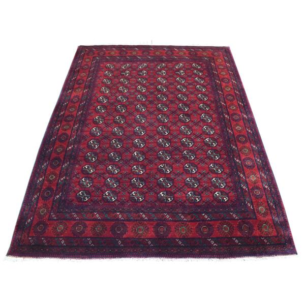 5'x6'7" Deep and Saturated Red with Geometric Design Hand Knotted, Afghan Khamyab, Velvety Wool Oriental Rug  - 72779