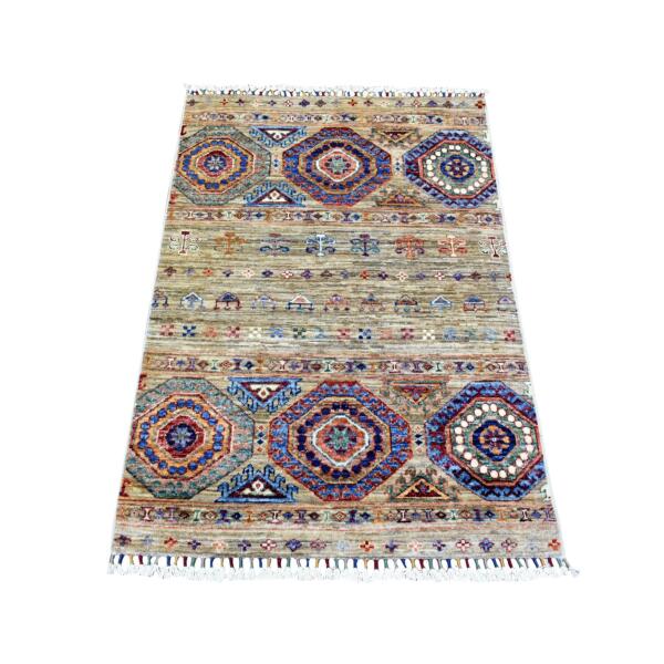 2'8"x4' Taupe, Extra Soft Wool Hand Knotted, Afghan Super Kazak with Khorjin Design, Natural Dyes Dense Weave, Oriental Rug  - 72807