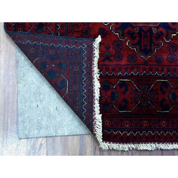 3'x6'4" Deep and Saturated Red, Soft and Shiny Wool Hand Knotted, Afghan Khamyab with Geometric Medallions, Runner Oriental Rug  - 72857 - Image 3