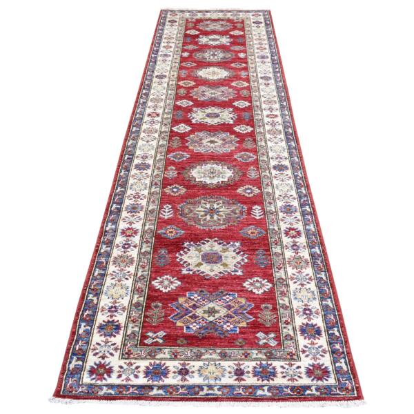 3'x11' Rich Red Hand Knotted, Extra Soft Wool, Afghan Super Kazak with Geometric Medallions, Natural Dyes Runner Oriental Rug  - 72908